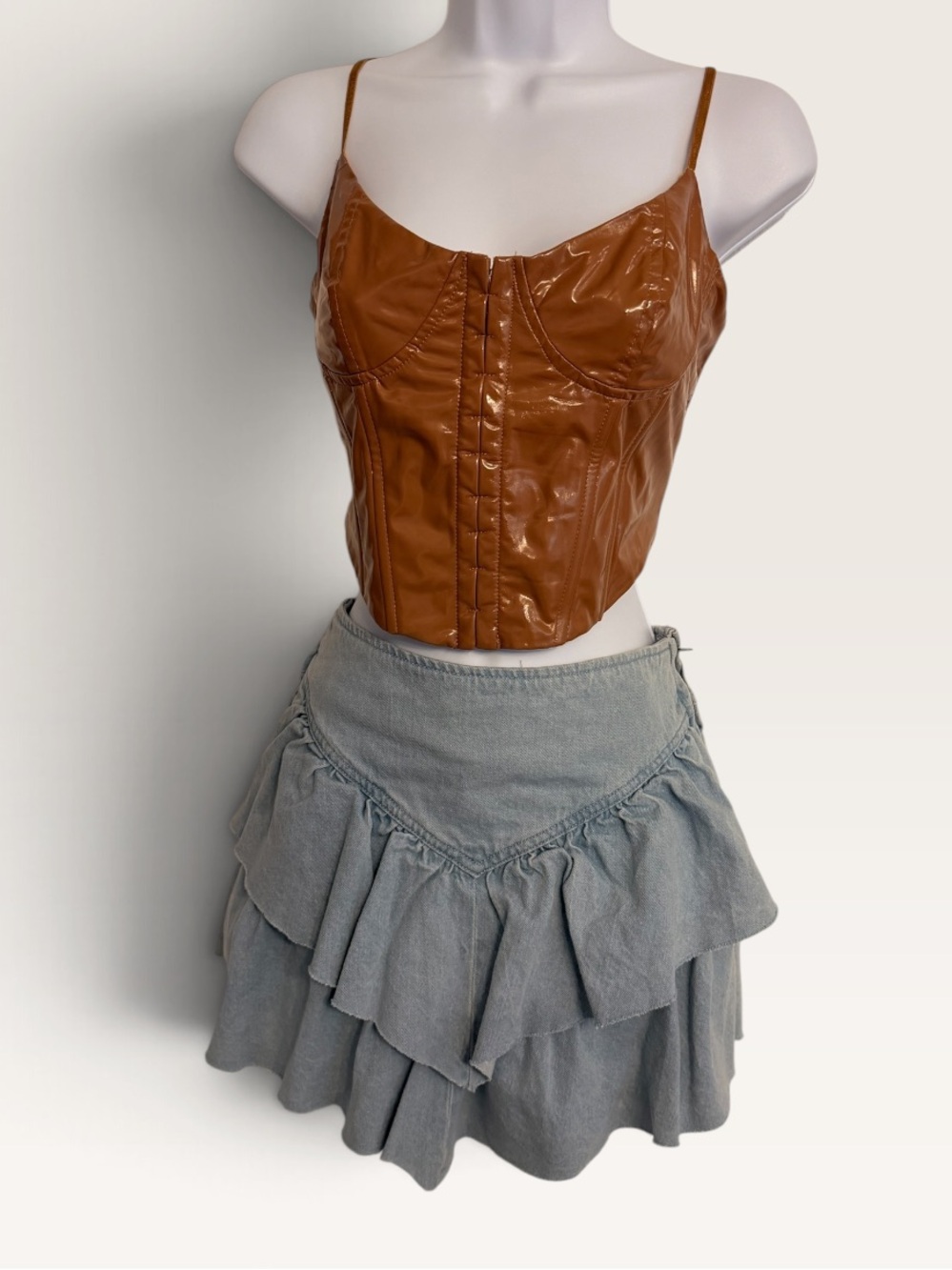 Light Blue Denim Tiered Ruffle Mini Skirt XS